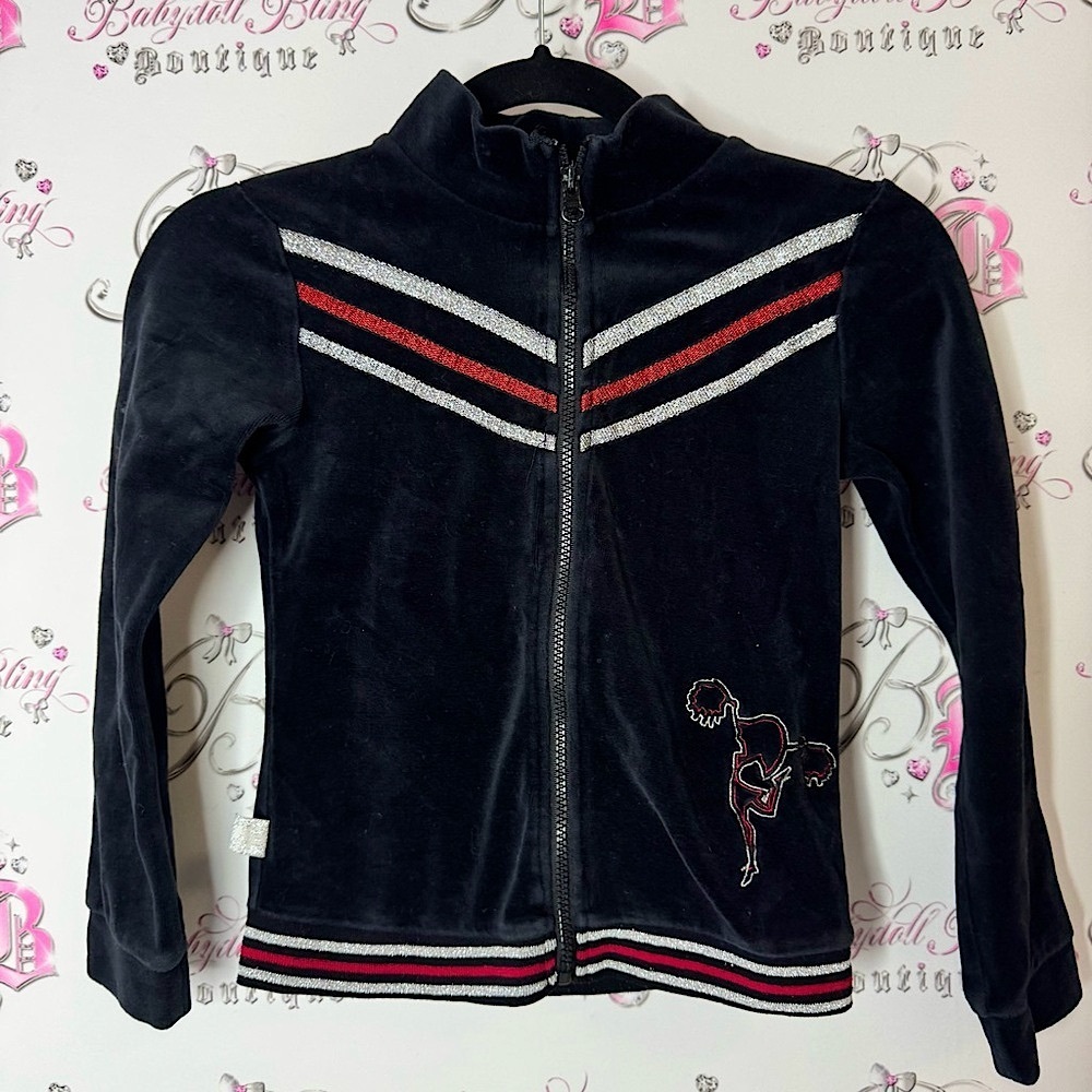 Kim possible sweater zip up Black Velour Jacket with Red and Silver Stripes